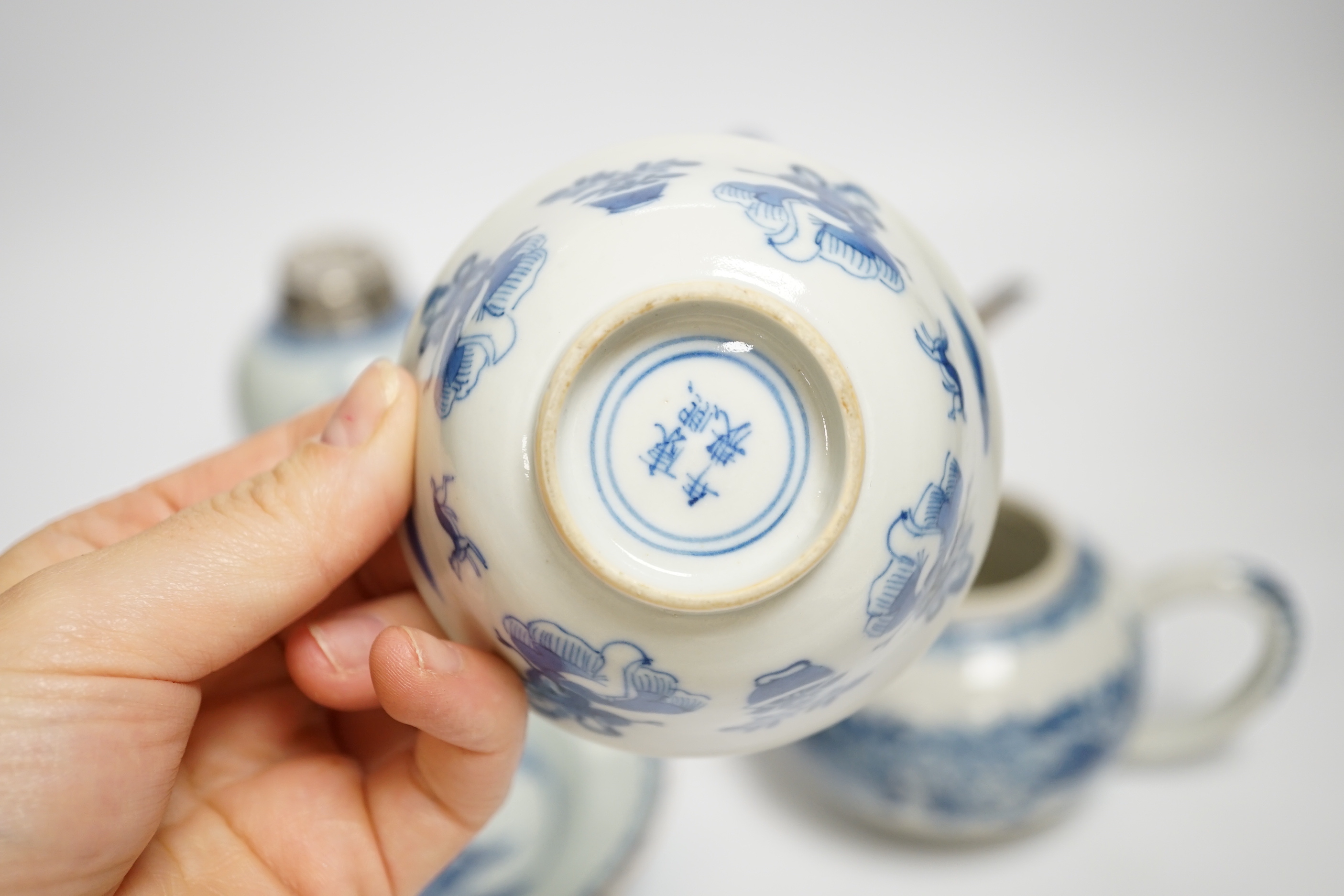 18th / 19th century Chinese export porcelain: two teapots, a tea canister, a plate and a teabowl, tallest 14cm